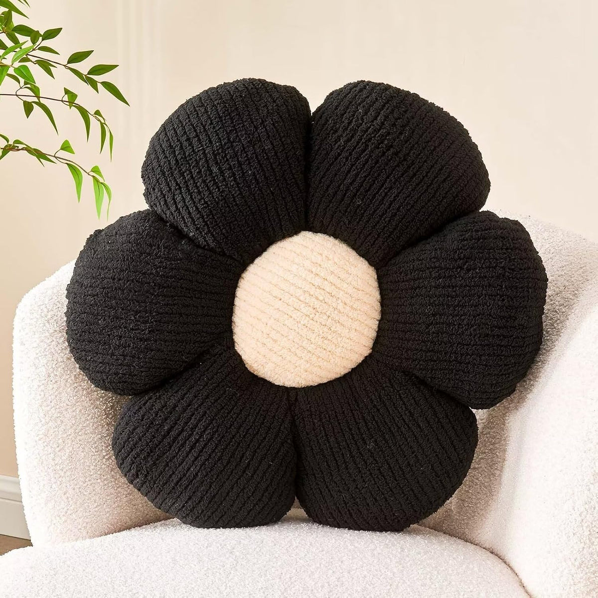 Flower Throw Pillow, Soft Black 17.7" Shaped Floor Pillow for Home Decor, Cute Aesthetic Plush