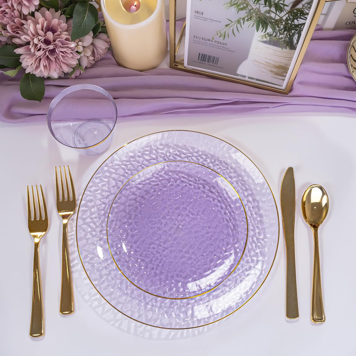 Rubtlamp 350 Pcs Clear Purple Plastic Plates, Gold Plastic Dinnerware Set (50 Guests), Purple