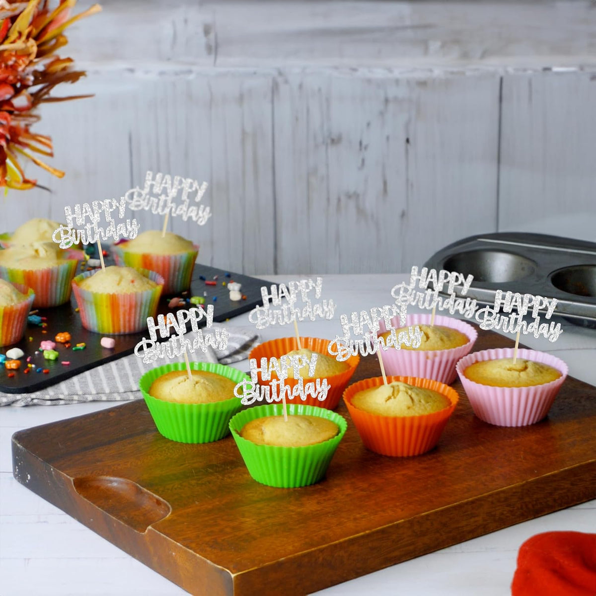 Gyufise 24Pcs Happy Birthday Cupcake Toppers Silver Glitter Birthday Cake Decorations Picks for