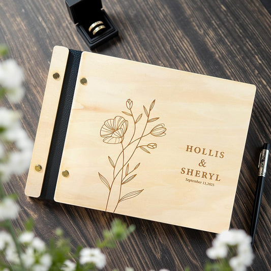 NBE Personalized Wooden Guest Book - Custom Wedding Sign-In Book with Burgundy Spine - Rustic Photo