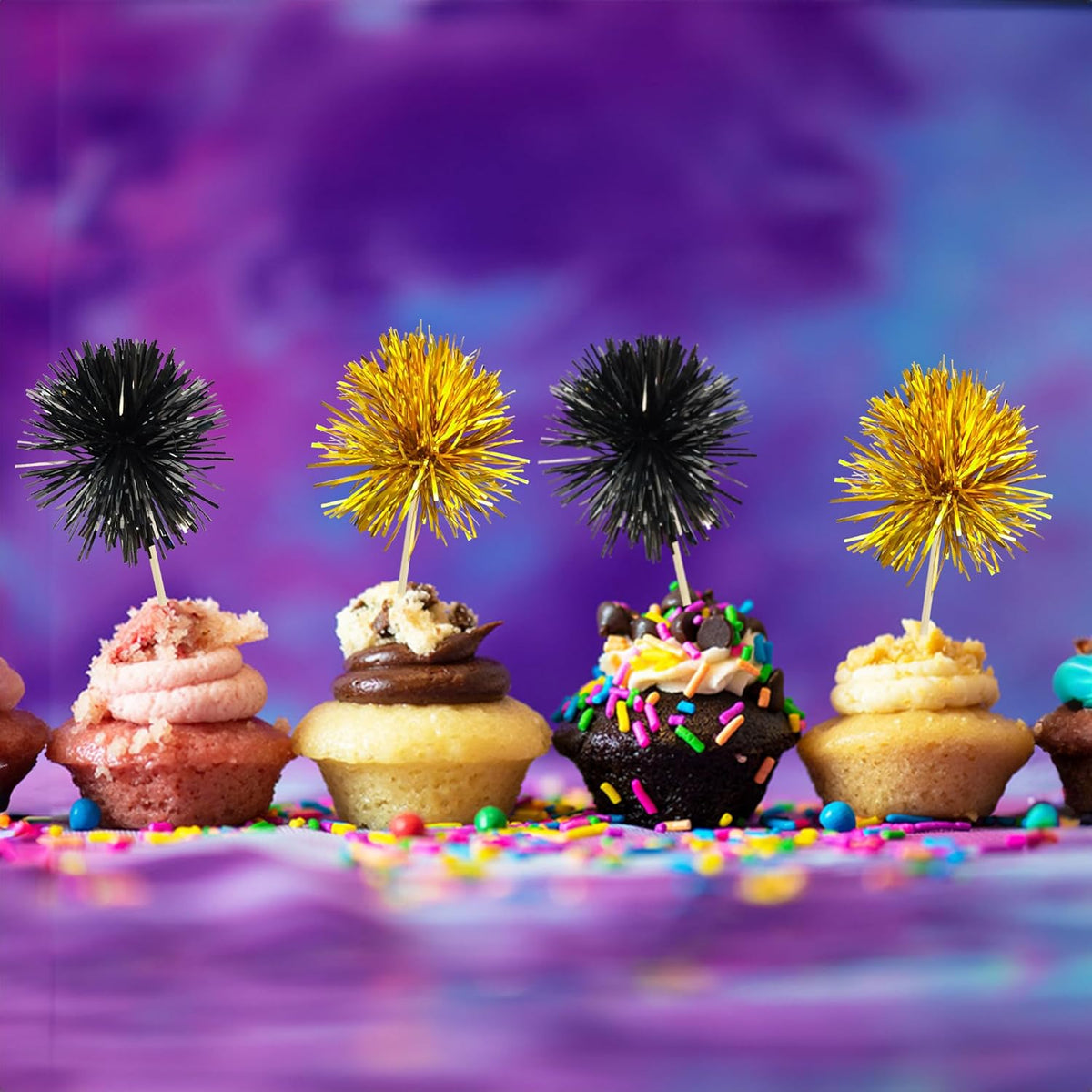 Gyufise 30Pcs Foil Firework Cupcake Toppers Sparkle Tinsel Cake Toppers Tinsel Drink Cake