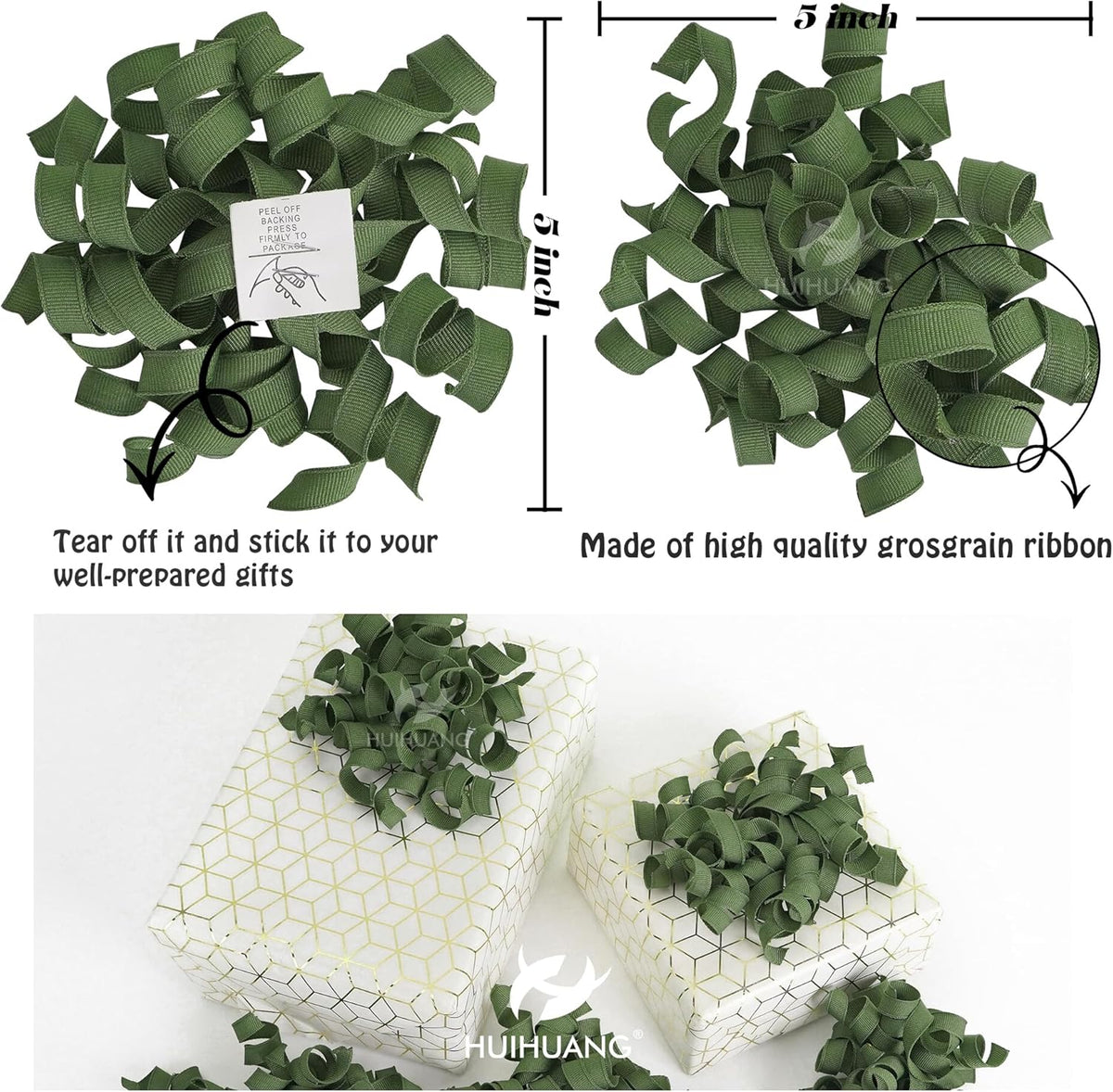 HUIHUANG Moss Green Bows for Gift Wrapping, Green Curly Ribbon Bows Self Adhesive Burst Gift Bow