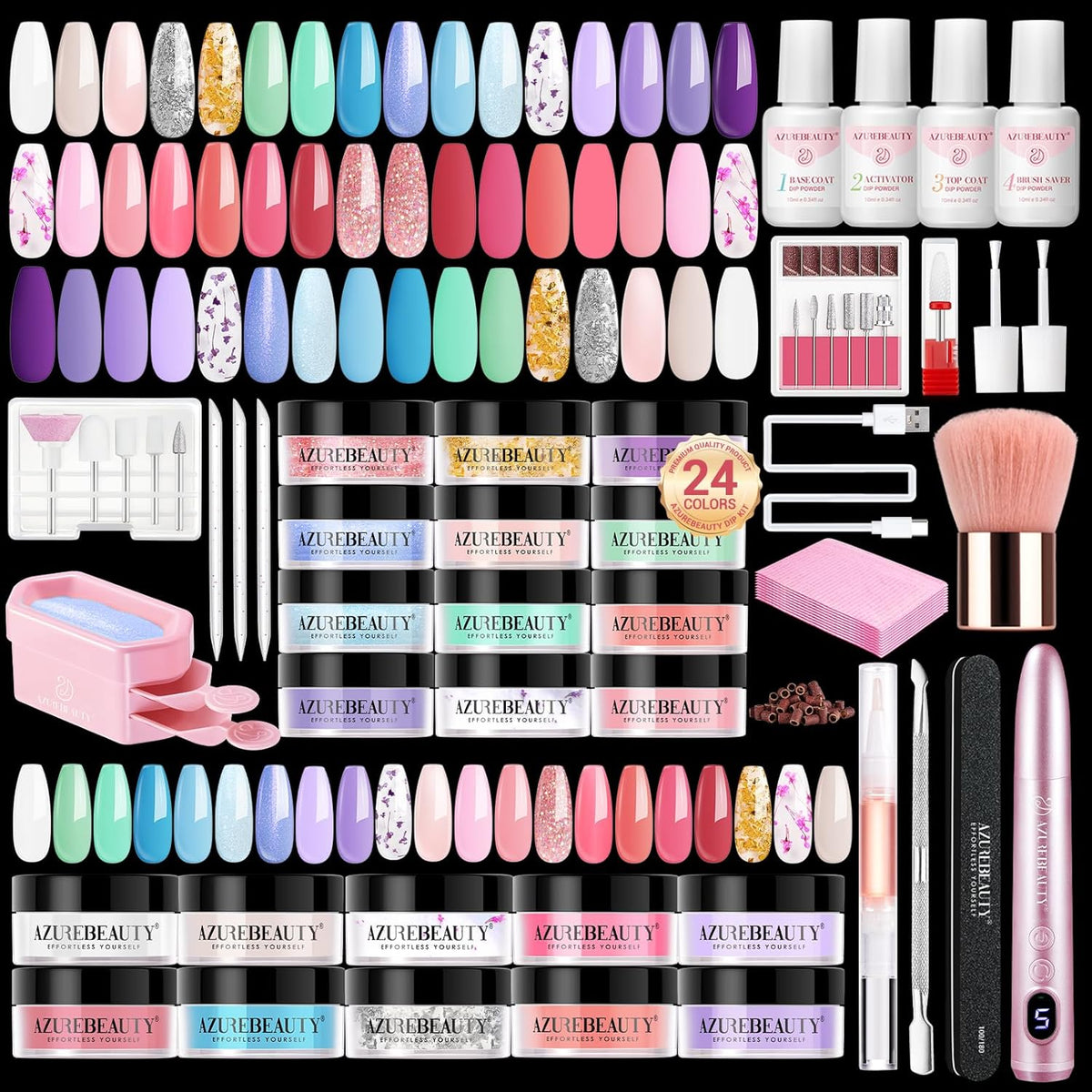 AZUREBEAUTY Dip Powder Nail Kit with Electric Nail Drill 24 Colors Pink Pastel Blue Purple Nails