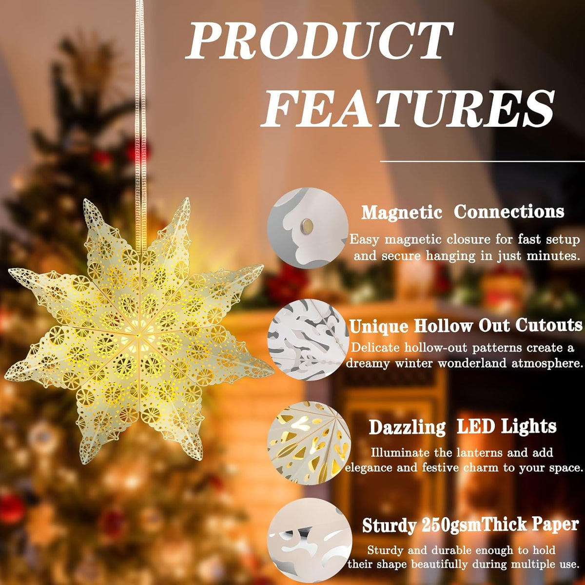 5Pcs Christmas Paper Snowflake Lanterns, Large Christmas Paper Star Lanterns with LED Lights White
