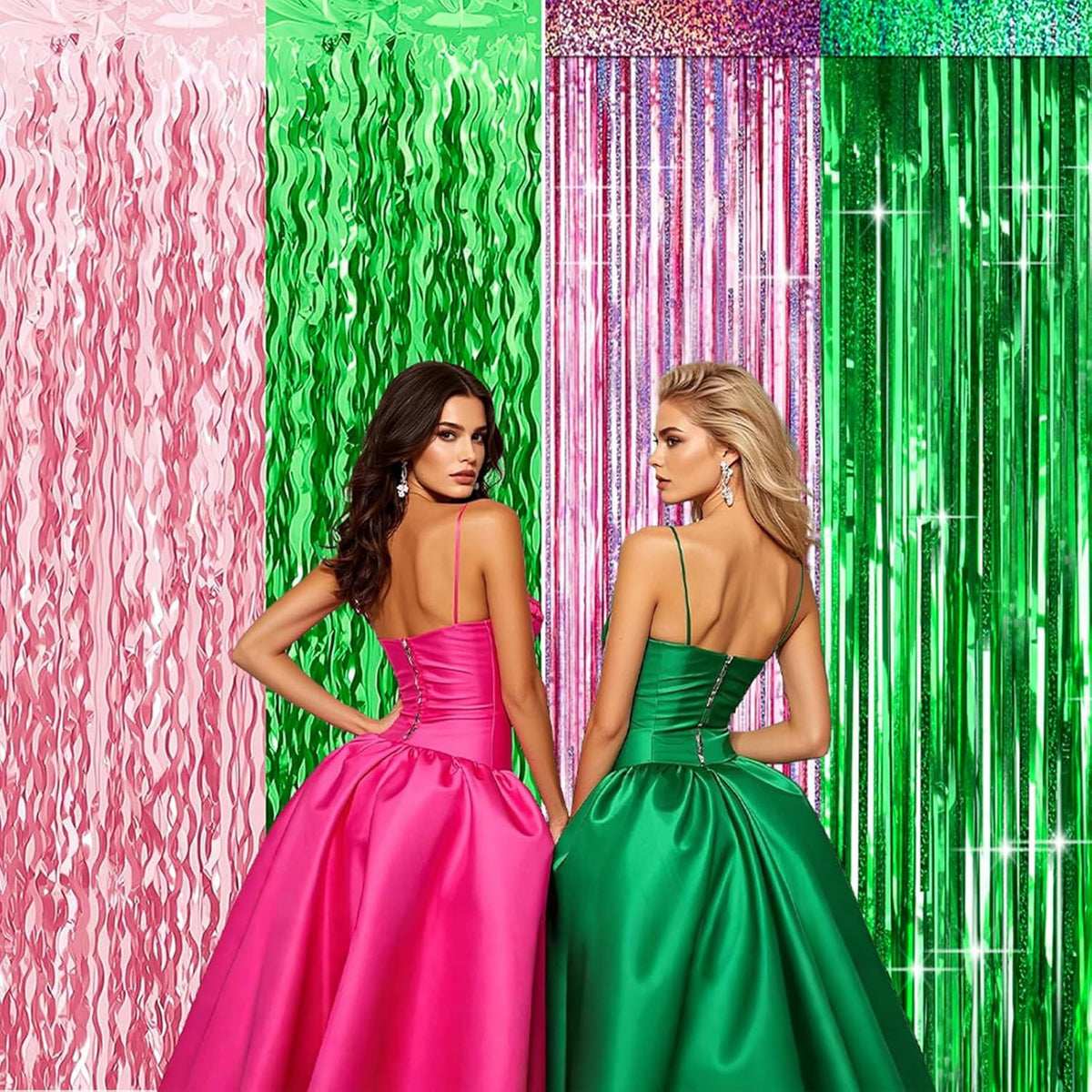 CANREVEL 2 Pack 3.3x6.6 Feet Pink and Green Foil Fringe Backdrop Curtains, Tinsel Streamers for