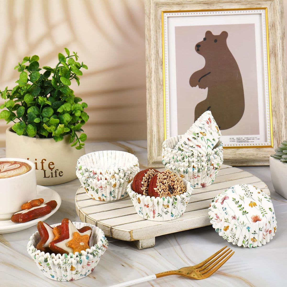 Whaline 300Pcs Floral Cupcake Liners Colorful Flower Paper Baking Cups Wildflower Muffin Liner