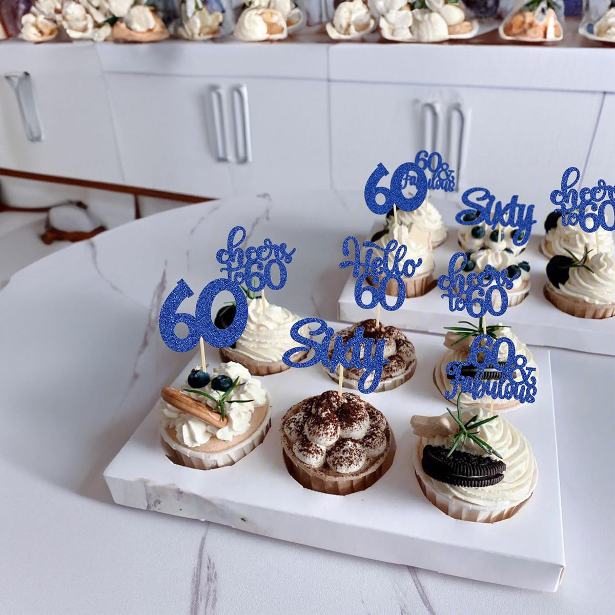 30Pcs Happy 60th Birthday Cupcake Toppers Deep Blue Glitter Sixty Cake Toppers Cheers to 60 Years