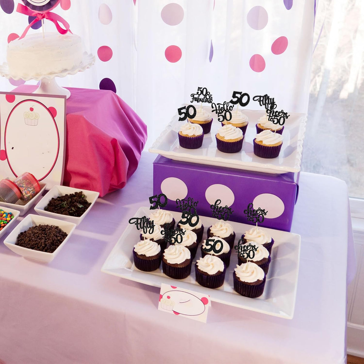 30Pcs Happy 50th Birthday Cupcake Toppers Black Glitter Fifty Cheers to 50 Years Old Birthday