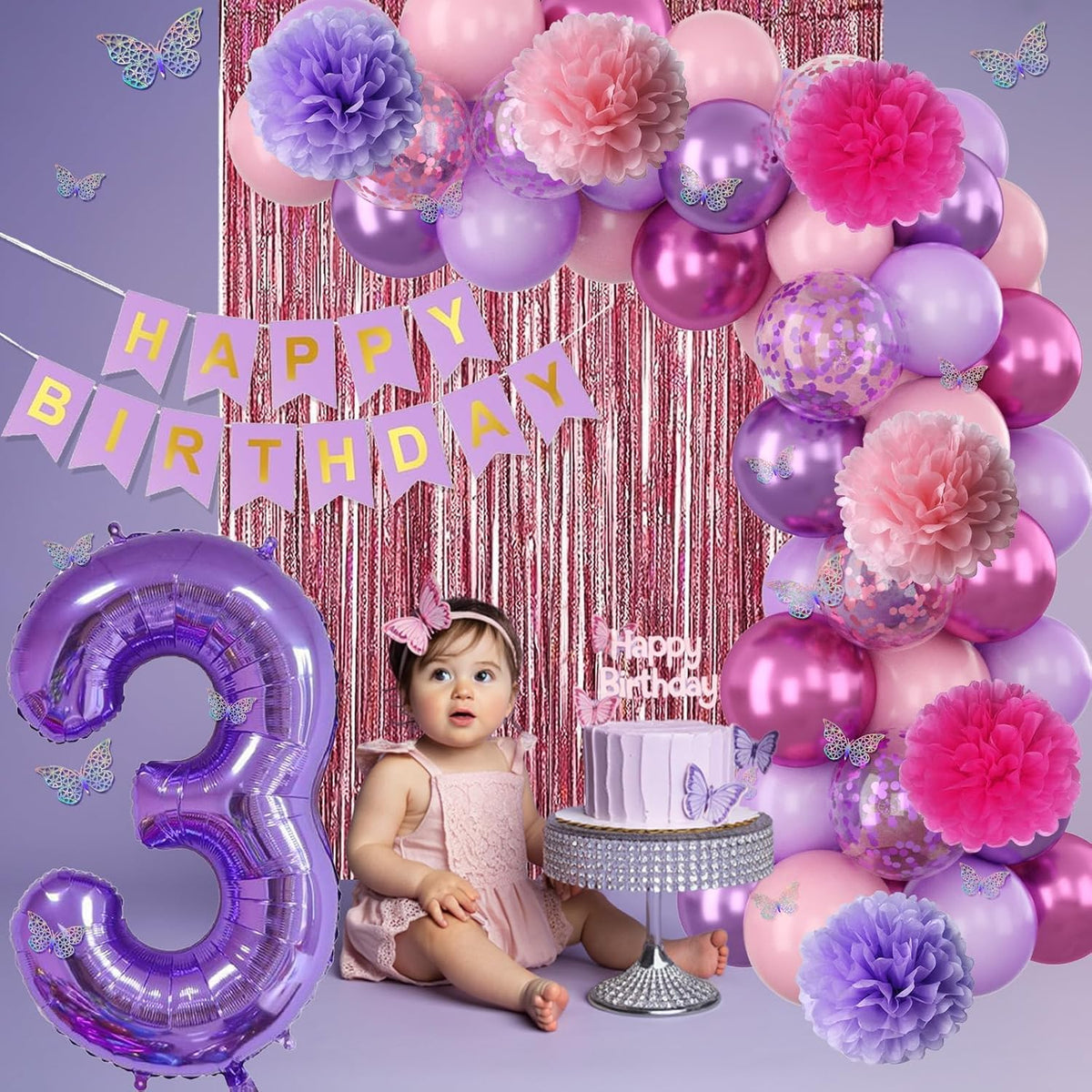 Pink Purple 3rd Birthday Party Decorations for Girls Number 3 Balloon Happy Birthday Banner