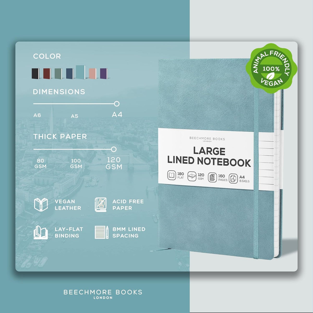 BEECHMORE BOOKS Ruled Journal Notebook, A4 8.5 x 11.5 inch 160 Lined Pages, Hardcover Leather