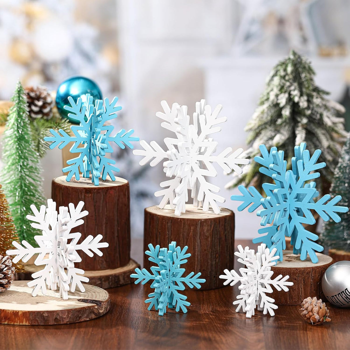 Bucherry 12 Pcs Wooden Snowflake Table Decor 3D Snowflake Tabletop Signs and Centerpiece for