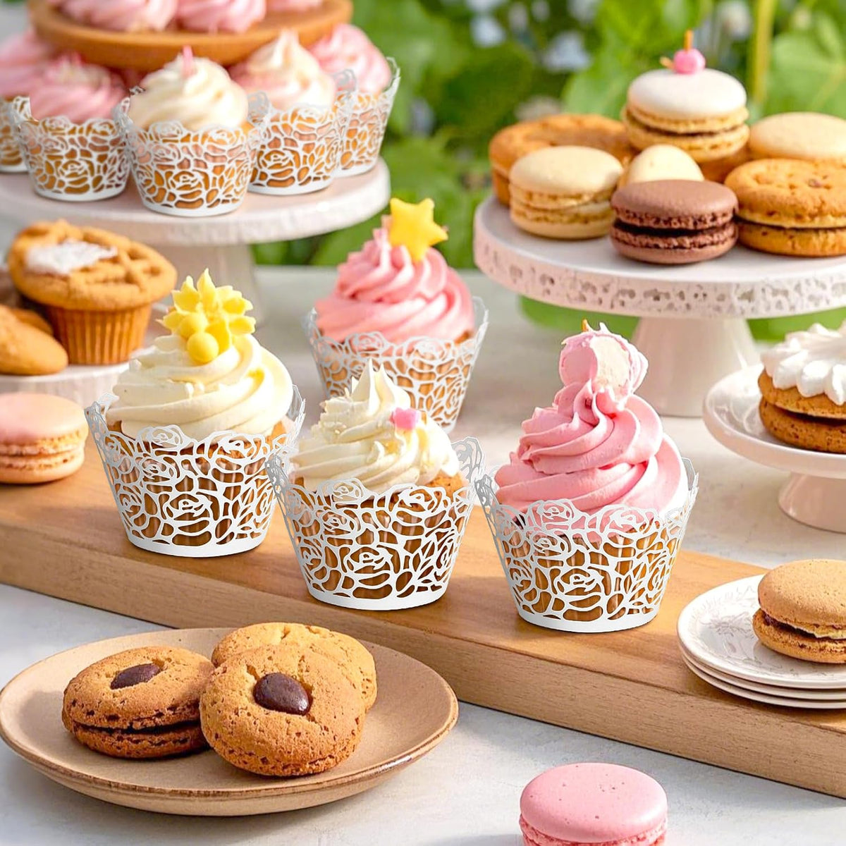 GWHOLE White Cupcake Wrappers, 50pcs Cupcake Liners with Rose Design Laser Cut Liners for Wedding