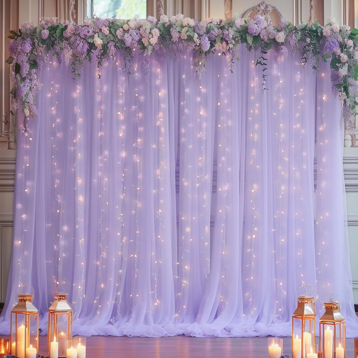 10x10ft Purple Tulle Backdrop Curtain with Lights String for Parites, Sheer Photo Backdrop Curtains