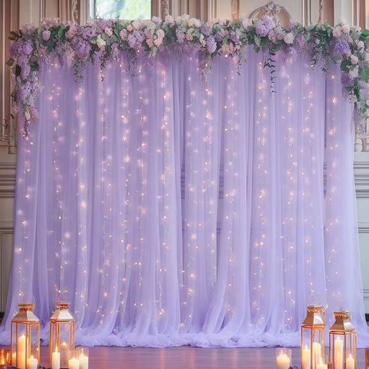 10x10ft Purple Tulle Backdrop Curtain with Lights String for Parites, Sheer Photo Backdrop Curtains