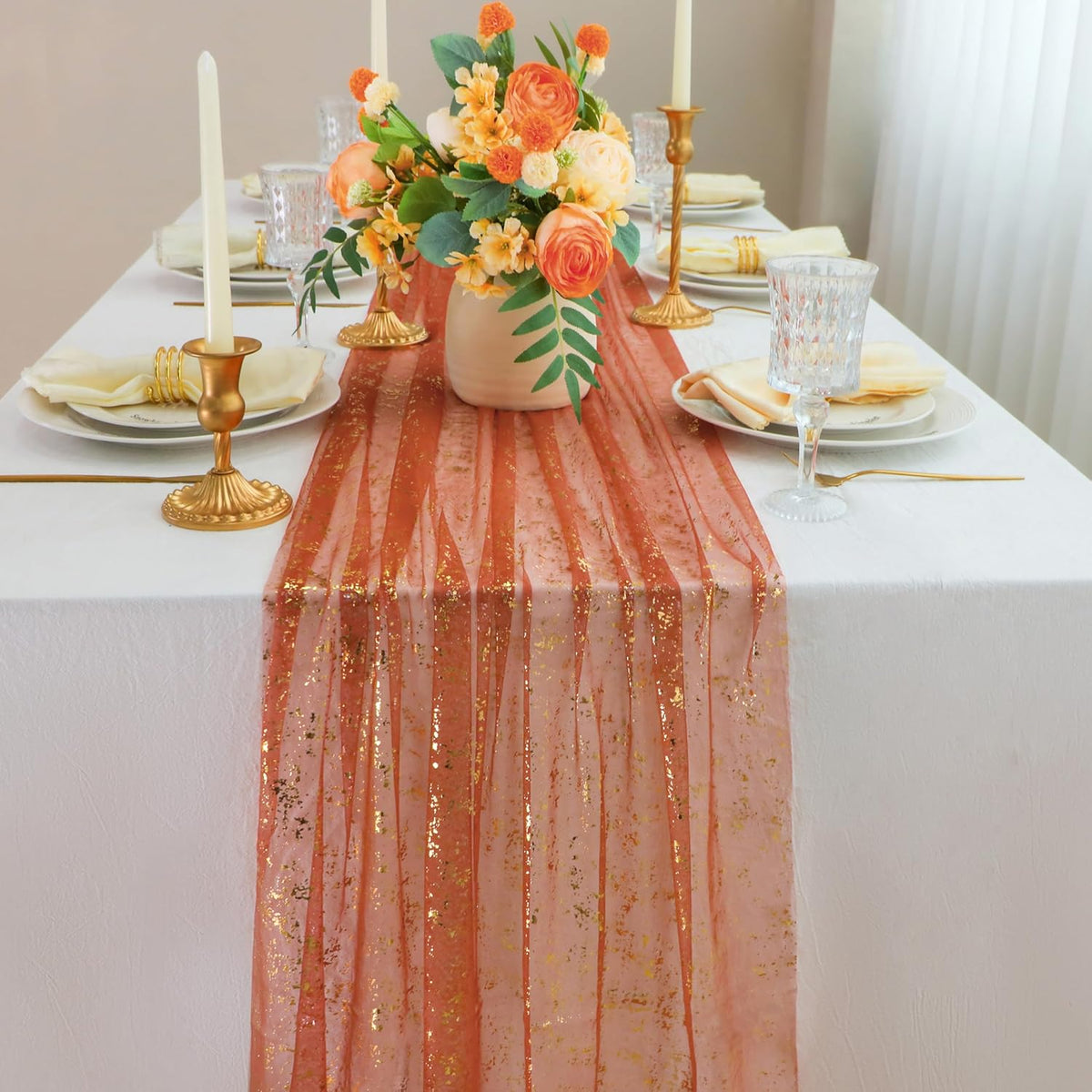 Snowkingdom 10 FT Fall Thanksgiving Table Runner Terracotta Gold Table Runner Burnt Orange Rust