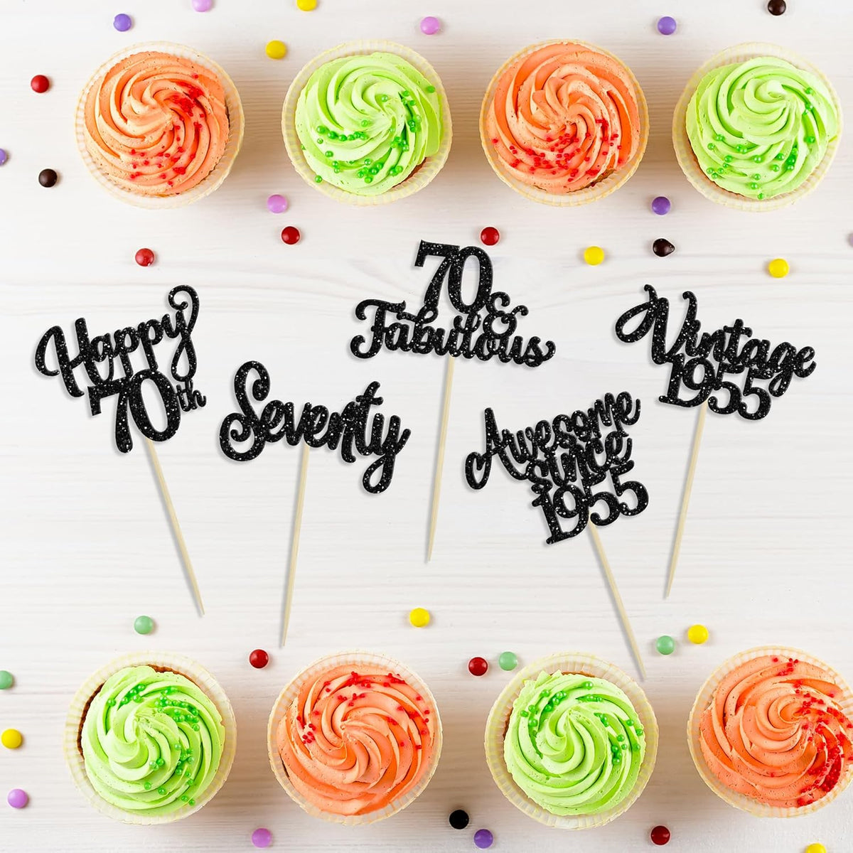 30Pcs Happy 70th Birthday Cupcake Toppers Glitter Seventy Vintage 1955 Cupcake Picks Cheers to 70