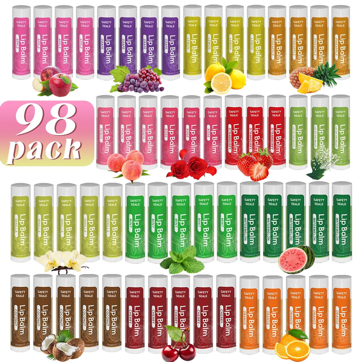 98 Pack Natural Lip Balm Bulk with Vitamin E and Coconut Oil - Moisturizing, Soothing, and
