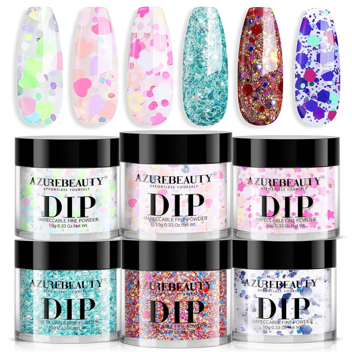 AZUREBEAUTY Dip Powder Nail Set, 6 Colors with Glitter in Pink and Aqua Blue, Light Dark Tones, No