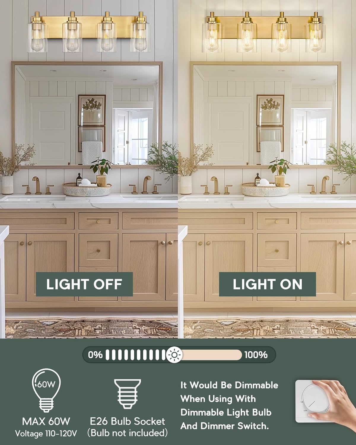 4-Light Bathroom Light Fixtures, Brushed Gold Vanity Light with Cylinder Clear Glass Shade, Modern