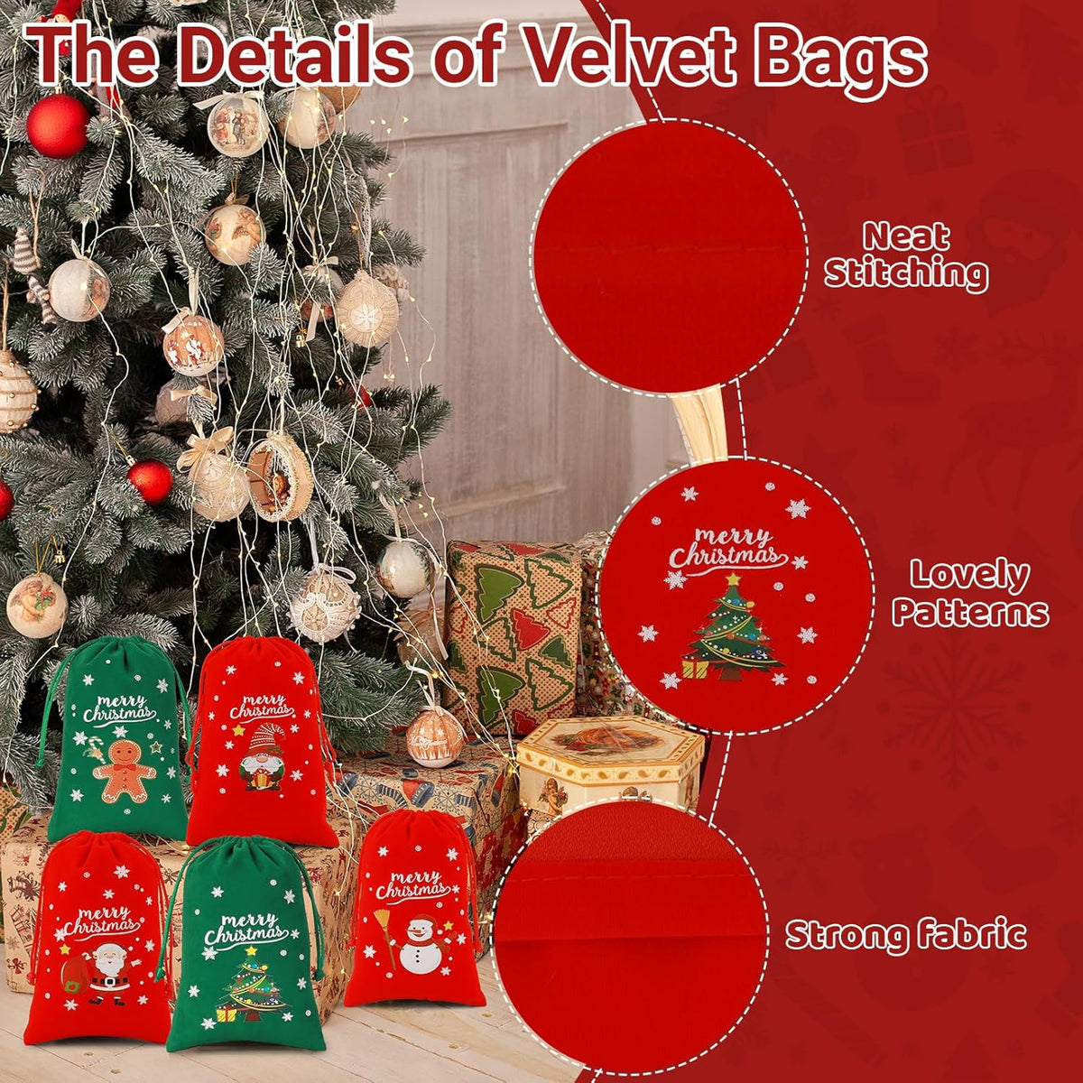 Tapleap Christmas Bags with Drawstring - 50Pcs 4x6 Red and Green Velvet Cloth for Wrapping Dice
