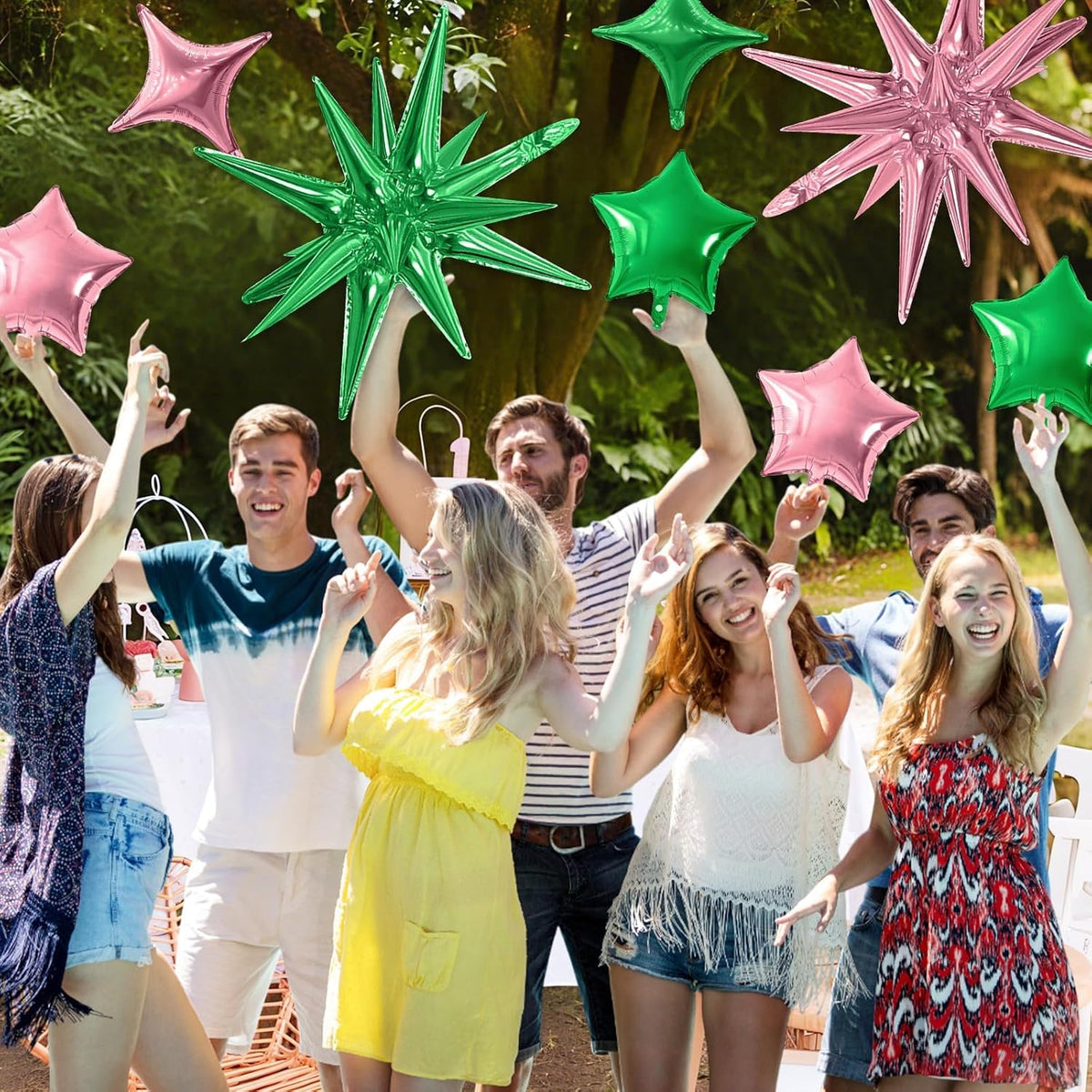 Pink Green Star Balloon,16Pcs Star Foil Balloons Set with 22Inch Explosion Spike Cone Balloons and