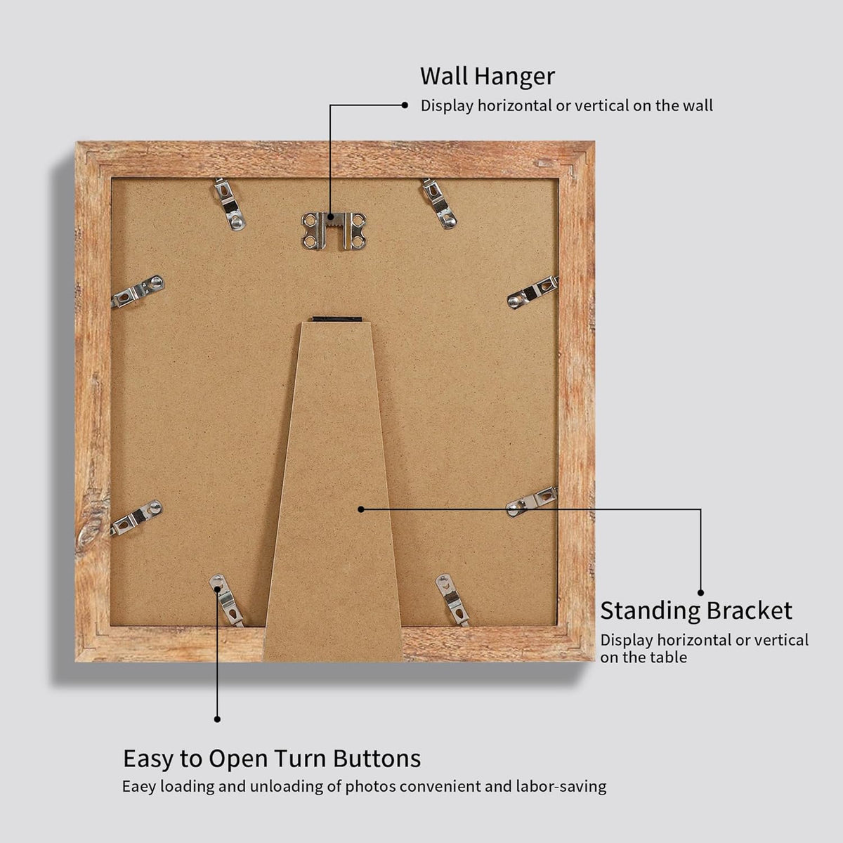 10x10 Picture Frame Set of 4 with Real Glass, Rustic Brown Frames Display 8x8 Picture with Mat or