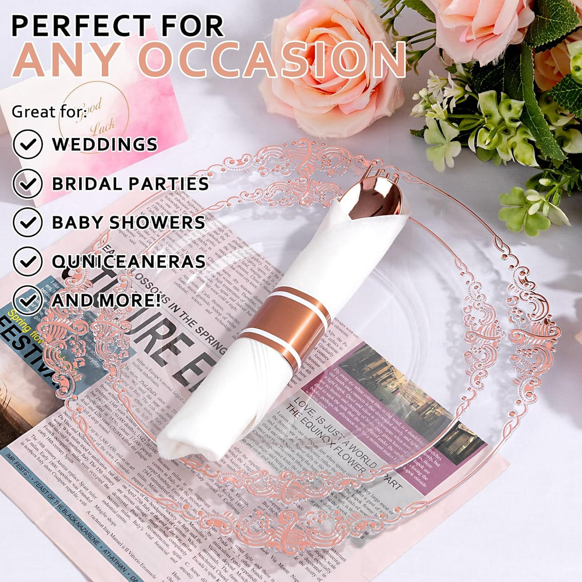 400PCS Pre Rolled Rose Gold Plastic Silverware Sets - Heavy Duty Rose Gold Cutlery - Include 100