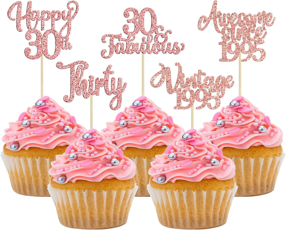 30Pcs Vintage 1995 Cupcake Toppers Glitter Thirty 30 Fabulous Happy 30th Birthday Cupcake Picks