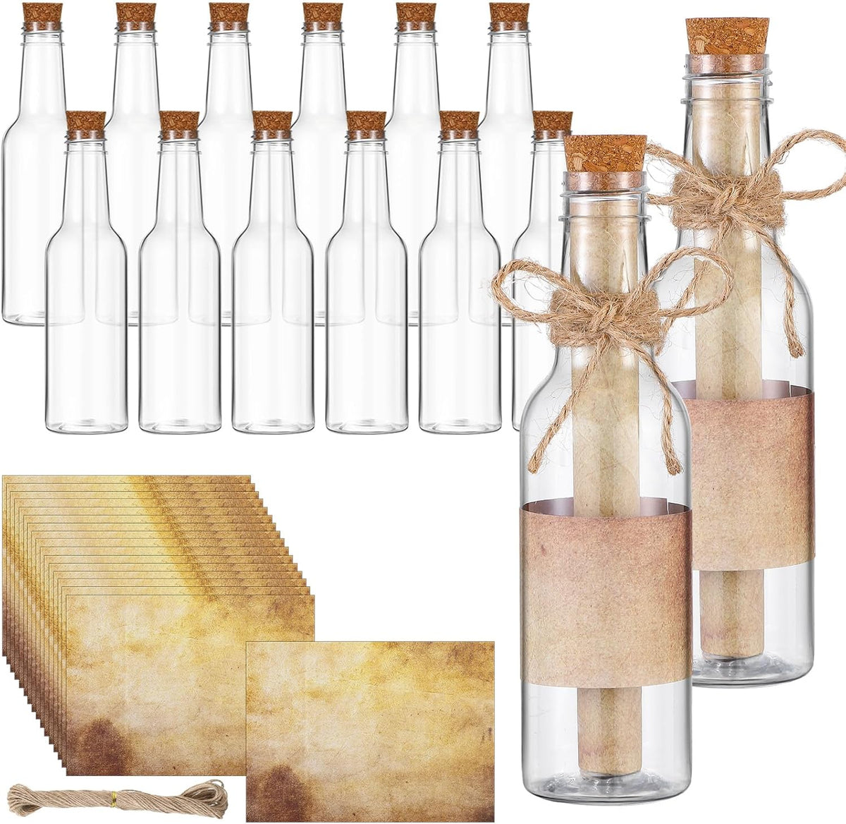 Baderke 12 Pcs 5.6 oz Message Bottles with Letter Printer Paper Plastic Bottles & Corks Twines for