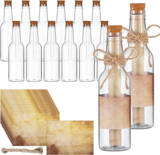 Baderke 12 Pcs 5.6 oz Message Bottles with Letter Printer Paper Plastic Bottles & Corks Twines for