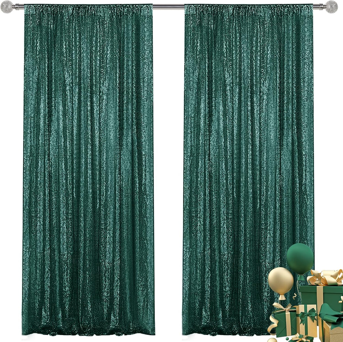 Dark Green Sequin Backdrop Curtain 2 Pieces 2FTx8FT Glitter Photography Backdrop for Party Wedding