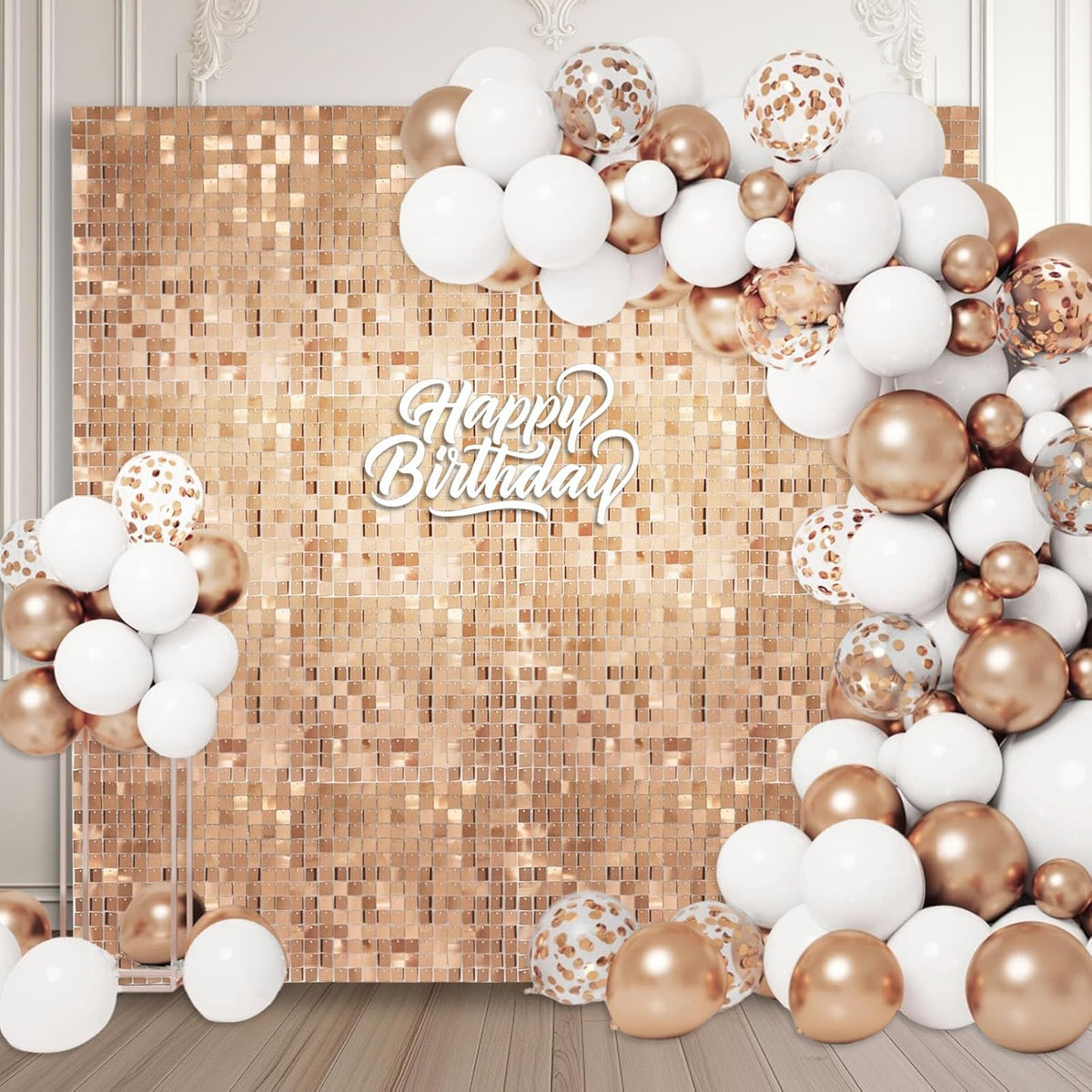 12PCS Champagne Shimmer Wall Backdrop, Square Sequin Photo Backdrops Panel, Glitter Wall Background