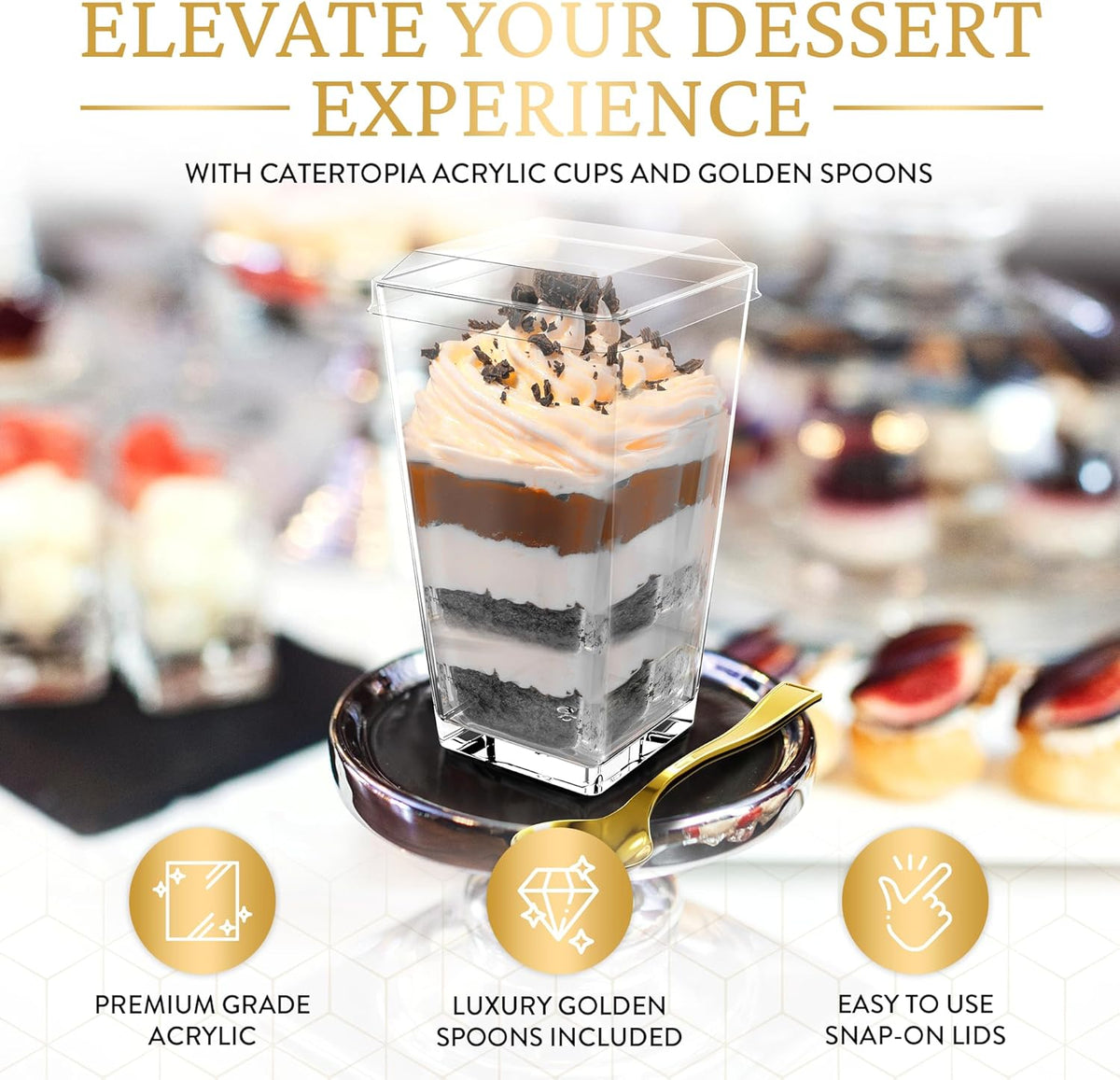 100 Pack 3 oz Mini Dessert Cups with Lids and Spoons (Gold Spoons) - Plastic Shooter Appetizer