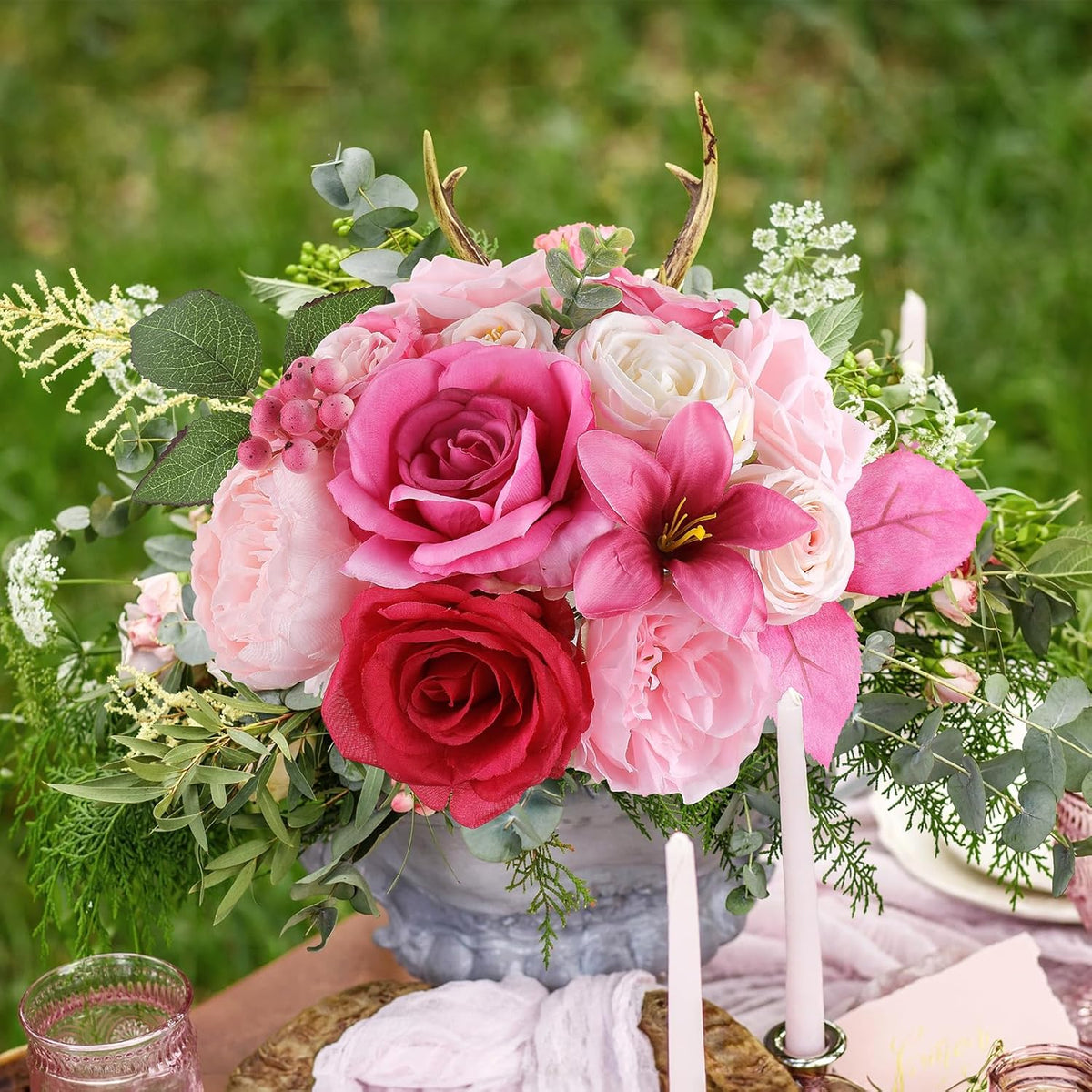 AmyHomie Fuchsia Pink Artificial Flowers Combo Silk Mix Peony Rose Fake Flowers w/Stem for DIY