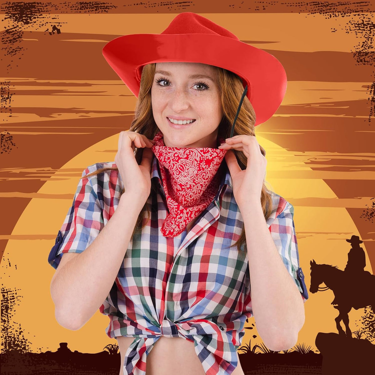 Mepase 24 Pieces Disposable Plastic Western Cowboy Hat Set Felt Wide Brimmed Cowgirl Hats for Men