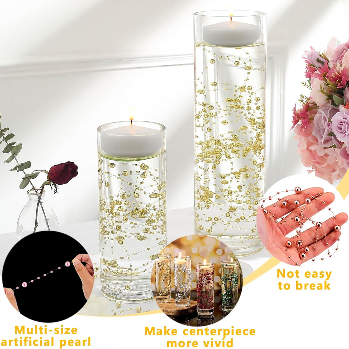 100 PCS Artificial Floating Beads for Centerpieces Vases, White 8+3mm String Beads for Wedding