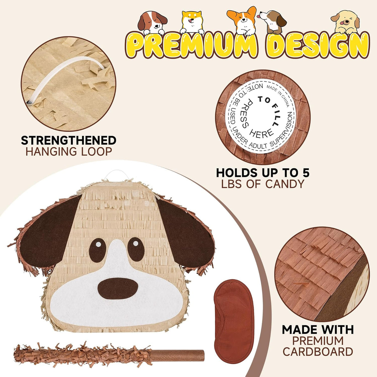 Dog Pinatas Bundle with a Blindfold and a Bat(16.5 x 12.6 x 4 Inches), Perfect for kid's Birthday