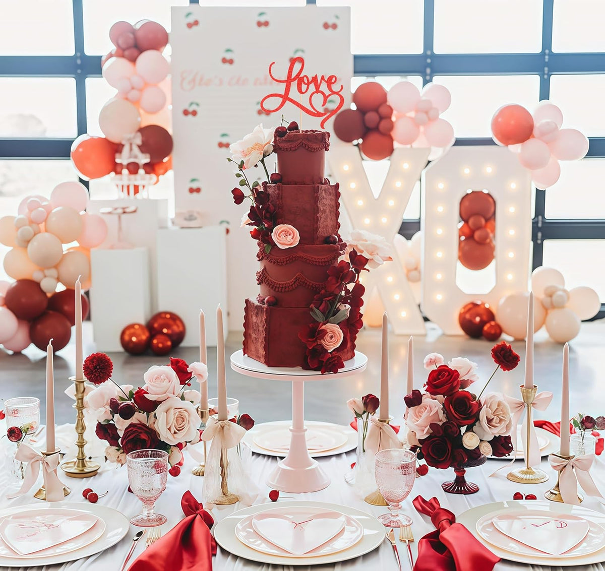 Love Cake Topper - Red Glitter Paper Wedding Cake Decoration Supplies, Perfect for Bridal
