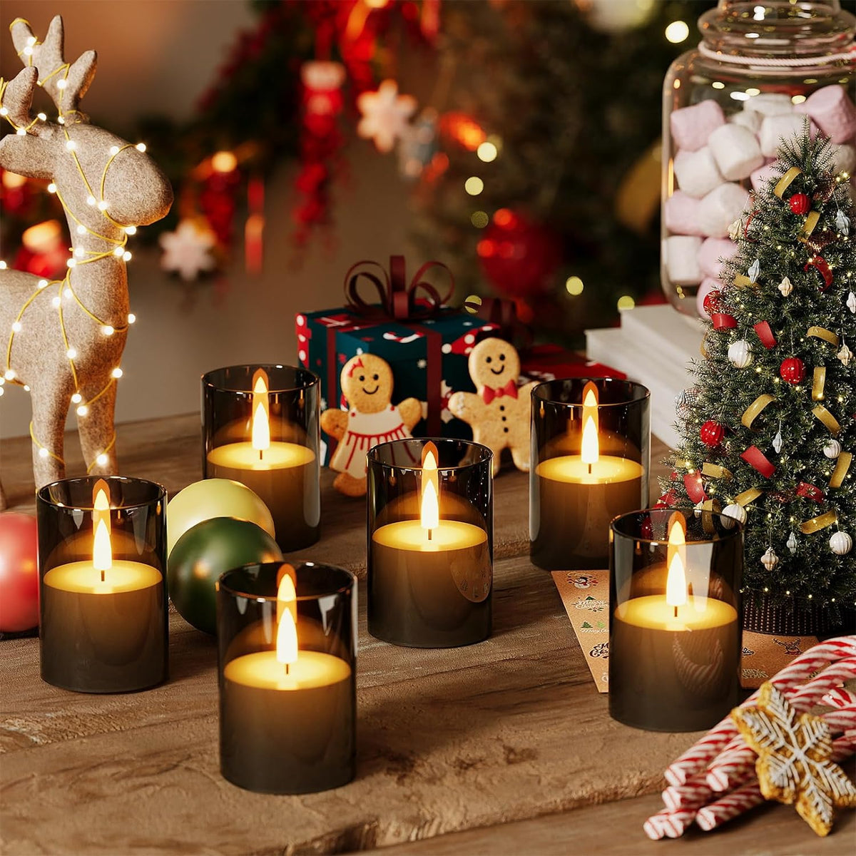12Pack Flickering Flameless LED Candles with Timer, Battery Powered - Small Pillar & Votive, Black