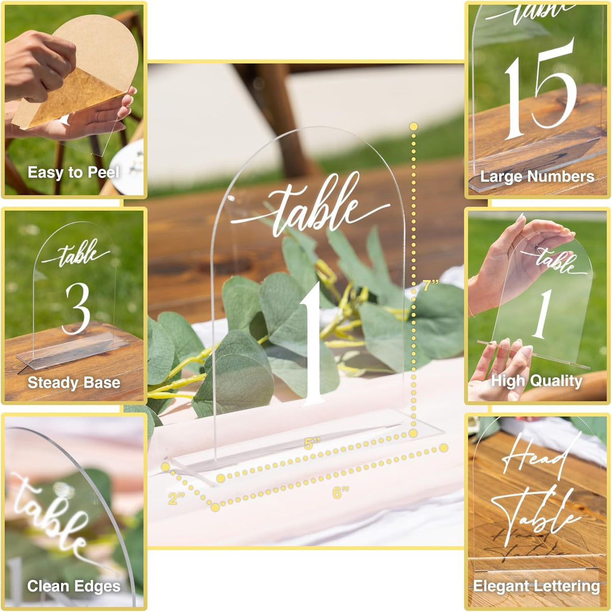 Clear Arch Acrylic Table Numbers for Wedding Reception - 5" x 7" White Font Centerpiece Set with