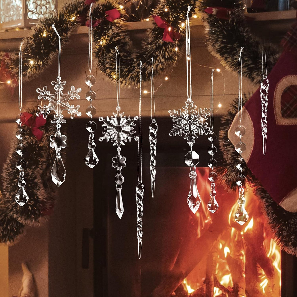 20pcs Christmas Ornaments Set for Tree - Hanging Acrylic Crystal Snowflake Icicle Drop Decorations