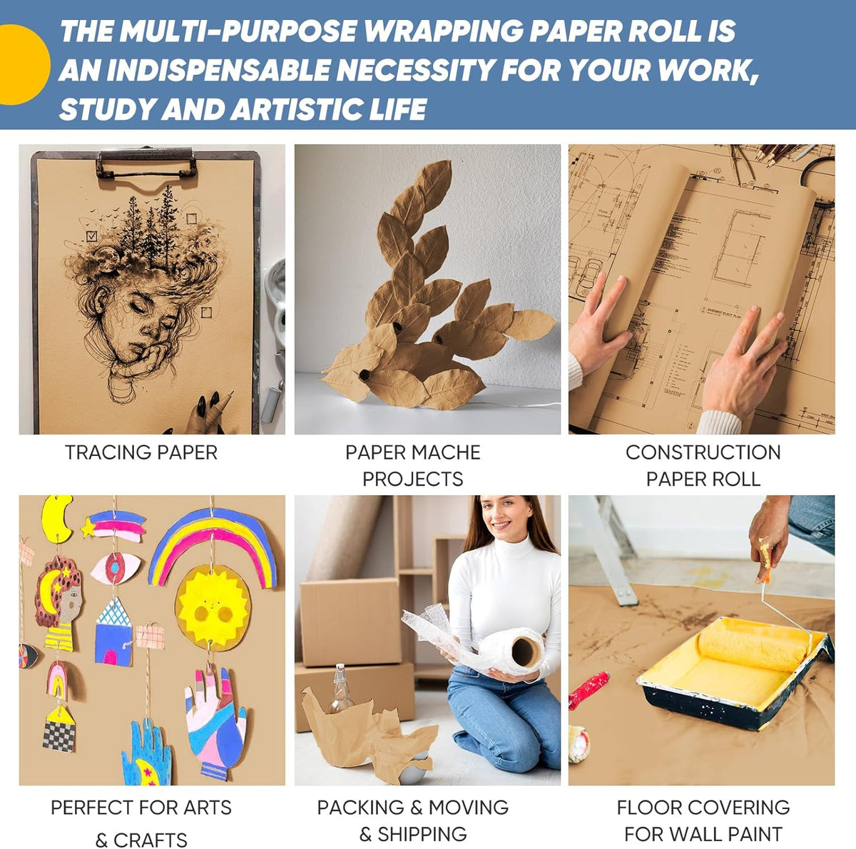 Brown Wrapping Paper, Kraft Paper Roll, Craft Decorative Paper 15" x 450", Packing Paper for Moving