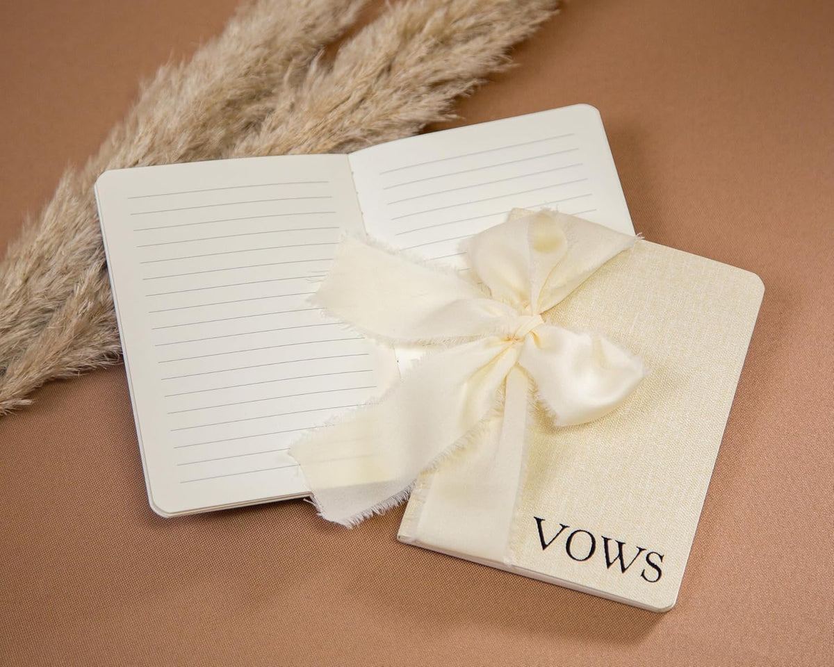 Cream Embossed Slim Vow Books w/Ribbon (Set of 2) - 5.625 x 4 Minimalist Pocket Sized Wedding