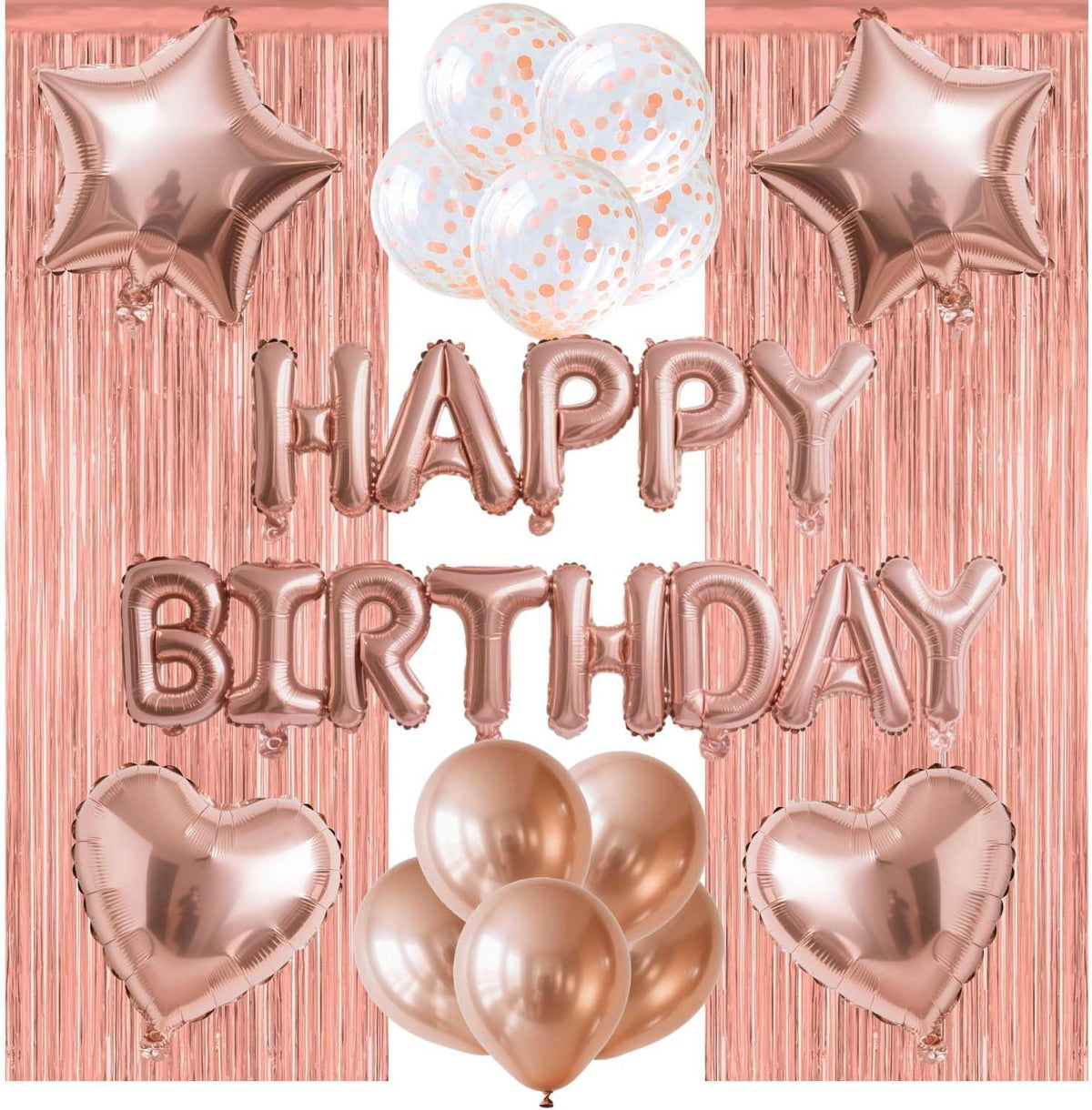 29 Pcs Rose Gold Birthday Party Decorations - Happy Birthday Balloons Banner, Heart & Star Foil