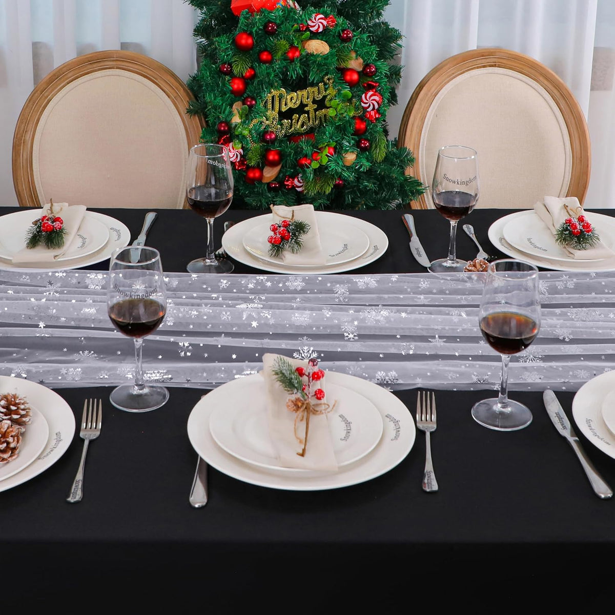 Snowkingdom Christmas Snowflake Cheesecloth Table Runner Silver 120 Inch Sheer Chiffon Gauze