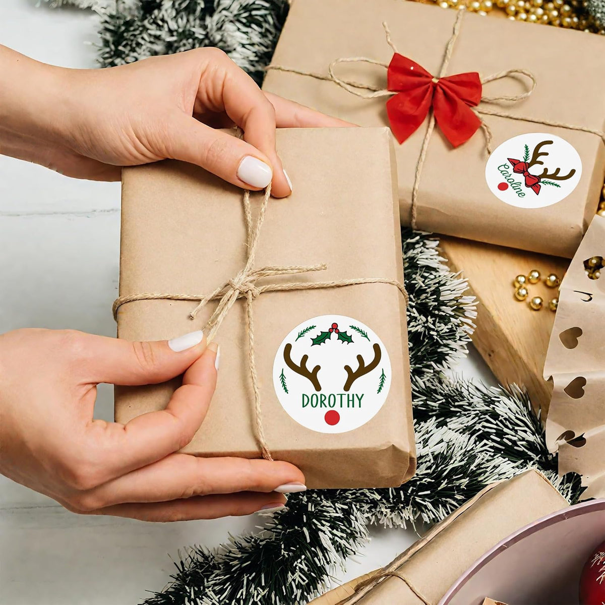 callie Personalized Christmas Stickers - Custom Name, 1.97 Inch Santa Deer Design Waterproof Merry