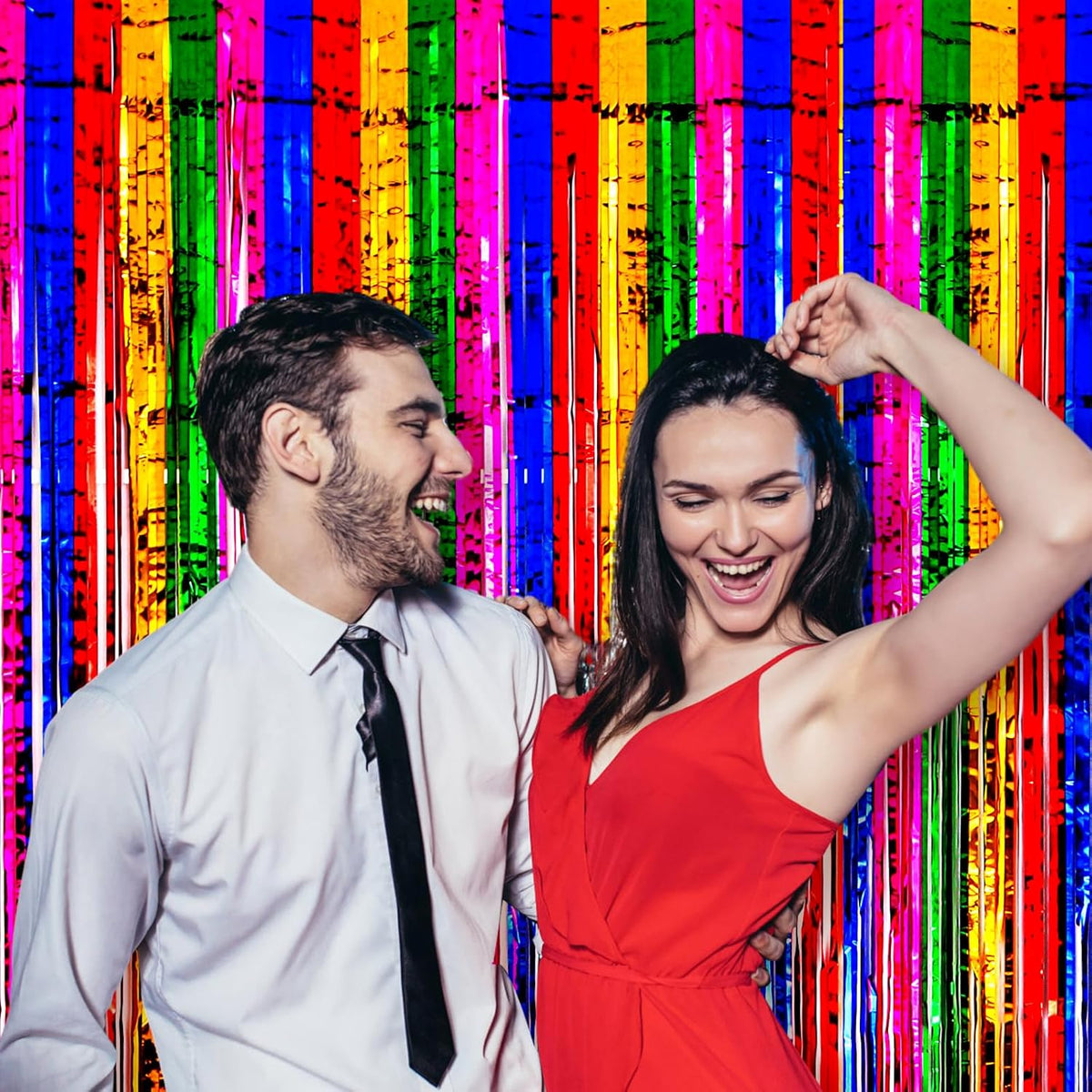 2 Pack 3.3x8.2 Feet Rainbow Foil Fringe Backdrop Curtains, Tinsel Streamers Birthday Party