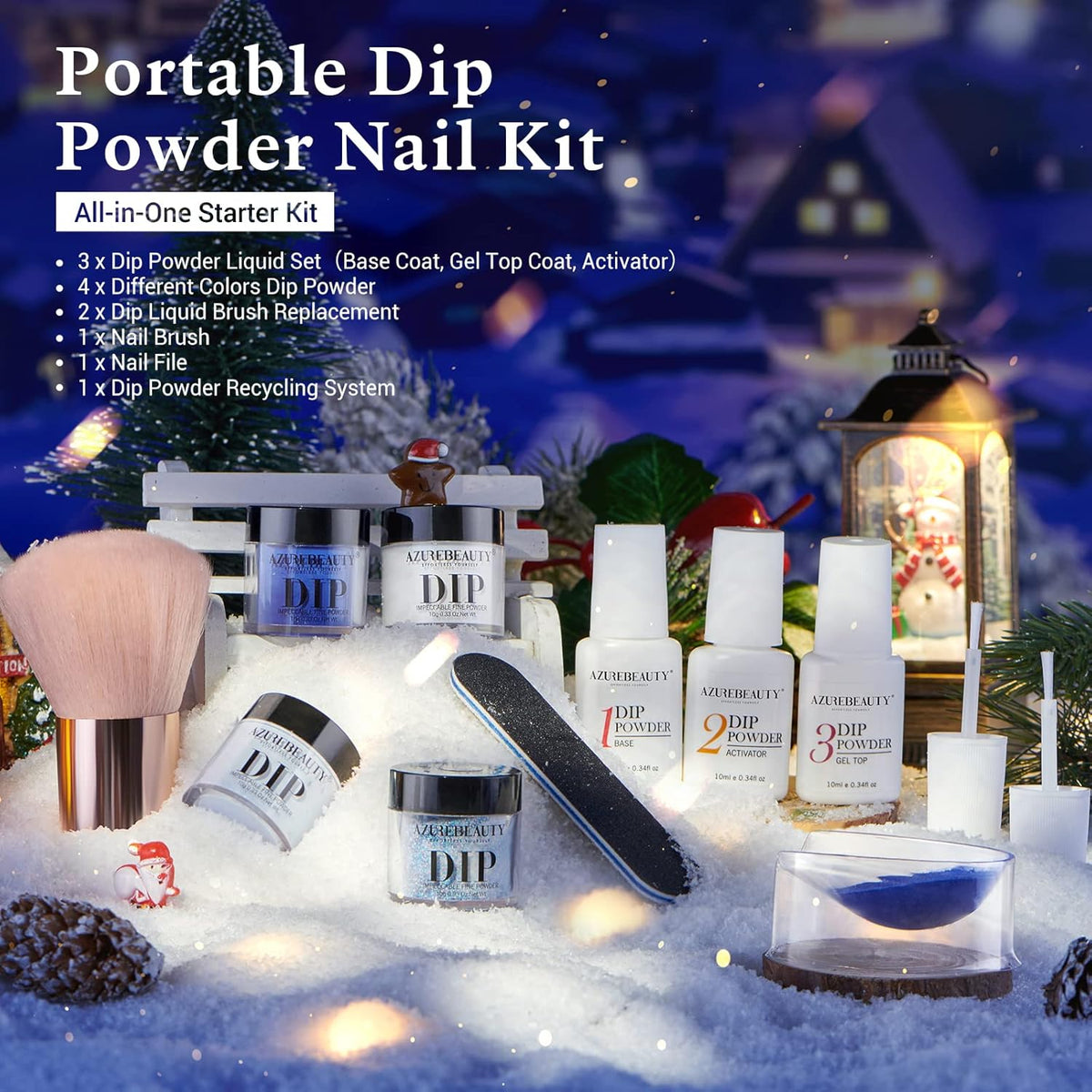 AZUREBEAUTY Christmas Dip Powder Nail Kit Winter White Navy Blue Glitter 4 Colors Acrylic Dipping