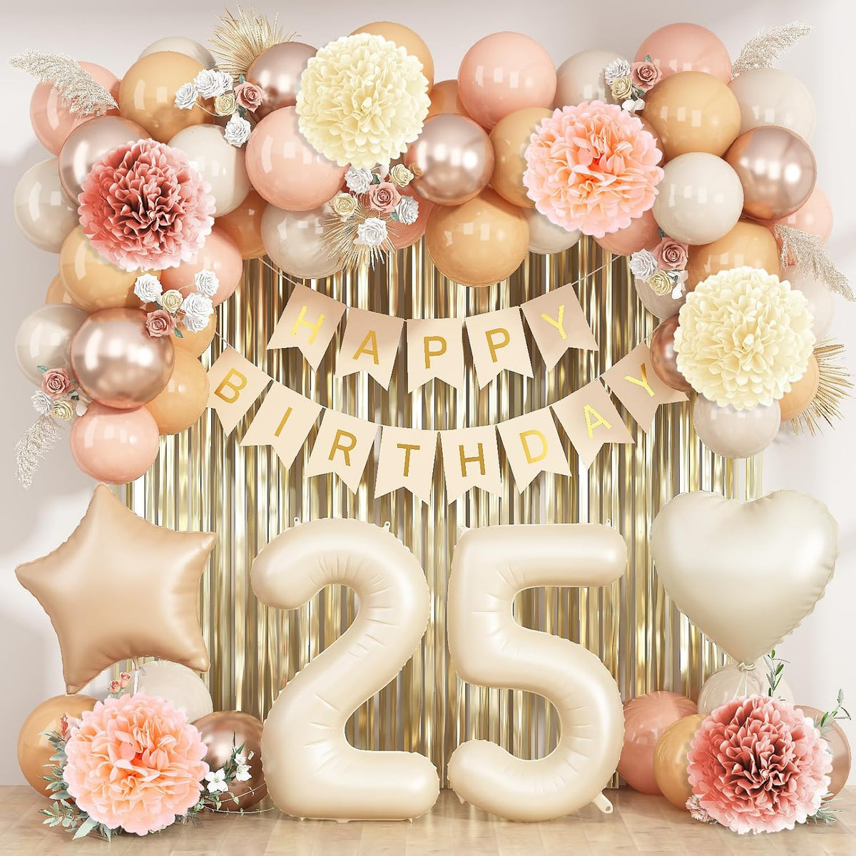 Beige 25th Birthday Decorations for Her Cream Number 25 Balloon Nude Gold Happy Birthday Banner