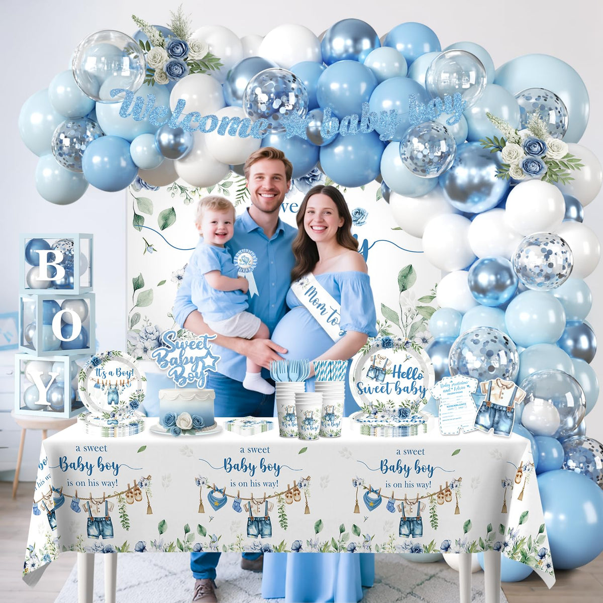 cocomigo Blue Boy Baby Shower Decorations, All-in-One Set for 20 Guests